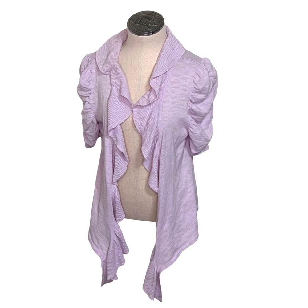 Take Out Womens XL Cardigan Lilac‎ Purple Ruffle Puff Sleeve Open Front Knit NEW